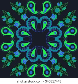 Circular  pattern  of  floral oriental  motifs, doodles, spirals, leaves . Hand drawn.