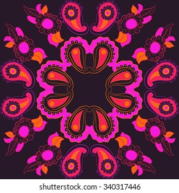 Circular  pattern  of  floral oriental  motifs, doodles, spirals, leaves . Hand drawn.