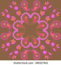 Circular  pattern  of  floral oriental  motifs, doodles, spirals, leaves . Hand drawn.
