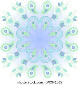 Circular  pattern  of  floral oriental  motifs, doodles, spirals, leaves . Hand drawn.