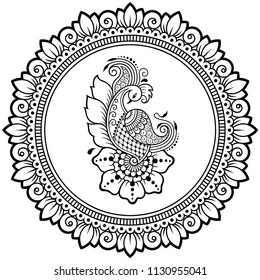 Circular pattern in form of mandala with  bird template - Peacock for Henna, Mehndi, tattoo, decoration. Decorative ornament in ethnic oriental style. Coloring book page.