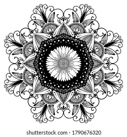 Circular pattern in form of mandala for coloring book, Henna, Mehndi, tattoo, Yoga logo. Background for meditation poster. Unusual flower shape oriental line vector. Anti-stress therapy pattern.