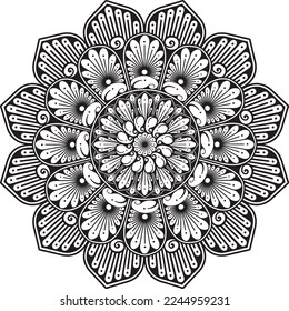 Circular pattern in form of mandala for decoration, tattoo, Henna, Mehndi. Decorative ornament in ethnic oriental style. Coloring book page. Black and white.