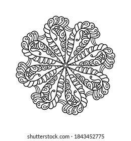 Circular pattern in form of mandala, decorative ornament in ethnic oriental style. Doodle flower pattern in black and white. Coloring book page