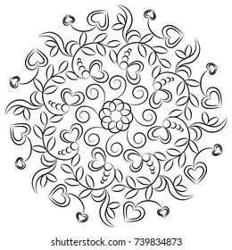 Circular pattern in the form of a mandala. Floral, hearts, curves.