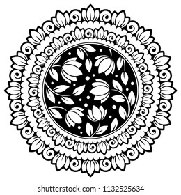 Circular pattern in form of mandala with flower for Henna, Mehndi, tattoo, decoration. Decorative ornament in ethnic oriental style. Coloring book page.