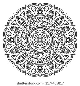 Circular pattern in form of mandala with flower for Henna, Mehndi, tattoo, decoration. Decorative ornament in ethnic oriental style. Coloring book page.