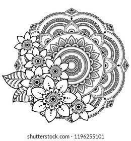 Circular pattern in form of mandala with flower for Henna, Mehndi, tattoo, decoration. Decorative ornament in ethnic oriental style. Coloring book page.