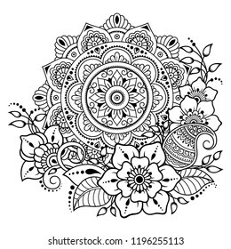 Circular pattern in form of mandala with flower for Henna, Mehndi, tattoo, decoration. Decorative ornament in ethnic oriental style. Coloring book page.