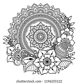 Circular pattern in form of mandala with flower for Henna, Mehndi, tattoo, decoration. Decorative ornament in ethnic oriental style. Coloring book page.