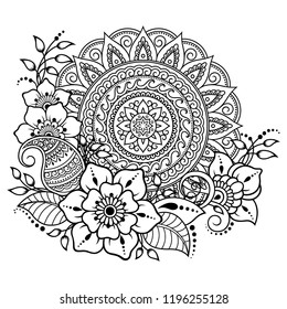 Circular pattern in form of mandala with flower for Henna, Mehndi, tattoo, decoration. Decorative ornament in ethnic oriental style. Coloring book page.