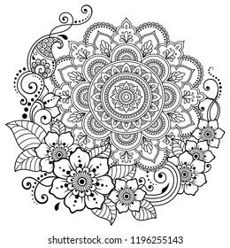 Circular pattern in form of mandala with flower for Henna, Mehndi, tattoo, decoration. Decorative ornament in ethnic oriental style. Coloring book page.