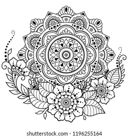 Circular pattern in form of mandala with flower for Henna, Mehndi, tattoo, decoration. Decorative ornament in ethnic oriental style. Coloring book page.