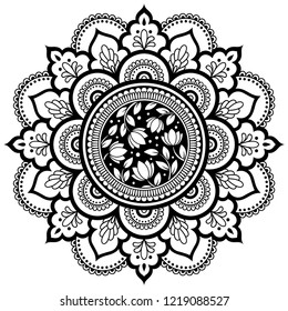 Circular pattern in form of mandala with flower for Henna, Mehndi, tattoo, decoration. Decorative ornament in ethnic oriental style. Coloring book page.