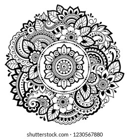 Circular pattern in form of mandala with flower for Henna, Mehndi, tattoo, decoration. Decorative ornament in ethnic oriental style. Coloring book page.