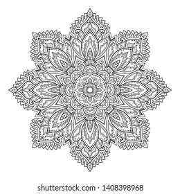 Circular pattern in form of mandala with flower for Henna, Mehndi, tattoo, decoration. Decorative ornament in ethnic oriental style. Outline doodle hand draw vector illustration.