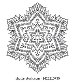 Circular pattern in form of mandala with flower for Henna, Mehndi, tattoo, decoration. Decorative ornament in ethnic oriental style. Outline doodle hand draw vector illustration.