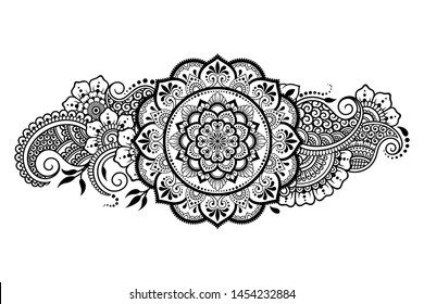 Circular pattern in form of mandala with flower for Henna, Mehndi, tattoo, decoration. Decorative ornament in ethnic oriental style. Outline doodle hand draw vector illustration.
