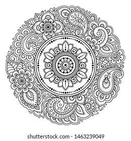 Circular pattern in form of mandala with flower for Henna, Mehndi, tattoo, decoration. Decorative ornament in ethnic oriental style. Outline doodle hand draw vector illustration.