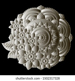 Circular pattern in the form of a Mandala with a flower is made in the style of metal embossing. Decorative ornament in ethnic oriental style. Hand draw vector illustration on black backgraund.