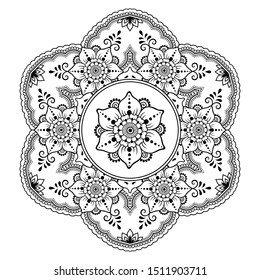 Circular pattern in form of mandala with flower for Henna, Mehndi, tattoo, decoration. Decorative ornament in ethnic oriental style. Outline doodle hand draw vector illustration.