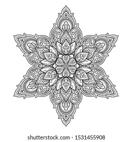 Circular pattern in form of mandala with flower for Henna, Mehndi, tattoo, decoration. Decorative ornament in ethnic oriental style. Outline doodle hand draw vector illustration.