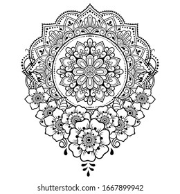 Circular pattern in form of mandala with flower for Henna, Mehndi, tattoo, decoration. Decorative ornament in ethnic oriental style. Outline doodle hand draw vector illustration.