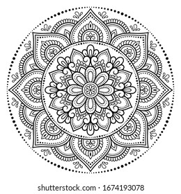 Circular pattern in form of mandala with flower for Henna, Mehndi, tattoo, decoration. Decorative ornament in ethnic oriental style. Outline doodle hand draw vector illustration.