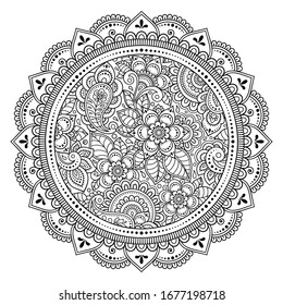 Circular pattern in form of mandala with flower for Henna, Mehndi, tattoo, decoration. Decorative ornament in ethnic oriental style. Outline doodle hand draw vector illustration.
