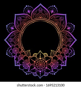 Circular pattern in form of mandala with flower for Henna, Mehndi, tattoo, decoration. Decorative ornament in ethnic oriental style. Rainbow design on black background.