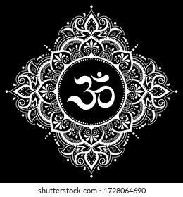 Circular pattern in form of mandala for with flower Henna, Mehndi, tattoo, decoration. Decorative ornament in oriental style with ancient Hindu mantra OM. Outline doodle vector illustration.