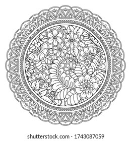 Circular pattern in form of mandala with flower for Henna, Mehndi, tattoo, decoration. Decorative ornament in ethnic oriental style. Outline doodle hand draw vector illustration.