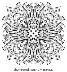 Circular pattern in form of mandala with flower for Henna, Mehndi, tattoo, decoration. Decorative ornament in ethnic oriental style. Outline doodle hand draw vector illustration.