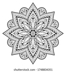 Circular pattern in form of mandala with flower for Henna, Mehndi, tattoo, decoration. Decorative ornament in ethnic oriental style. Outline doodle hand draw vector illustration.