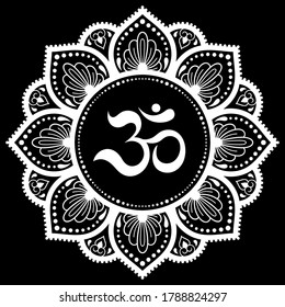 Circular pattern in form of mandala for with flower Henna, Mehndi, tattoo, decoration. Decorative ornament in oriental style with ancient Hindu mantra OM. Outline doodle vector illustration.