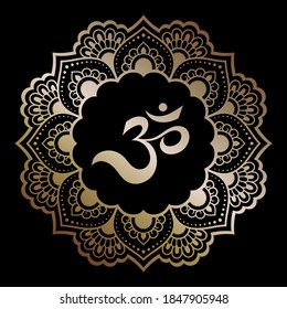 Circular pattern in form of mandala with flower for Henna, Mehndi, tattoo, decoration. Decorative ornament in oriental style with ancient Hindu symbol mantra OM. Gold design on black background.