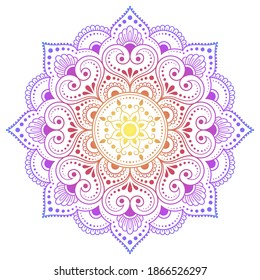 Circular pattern in form of mandala with flower for Henna, Mehndi, tattoo, decoration. Decorative ornament in ethnic oriental style. Rainbow design on white background.