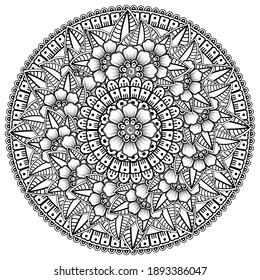 Circular pattern in the form of mandala with flower for henna, mehndi, tattoo, decoration. decorative ornament in ethnic oriental style. coloring book page.