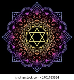 Circular pattern in form of mandala with flower and star of David for Henna, Mehndi, tattoo, decoration. Decorative ornament in ethnic oriental style. Rainbow pattern on black background.