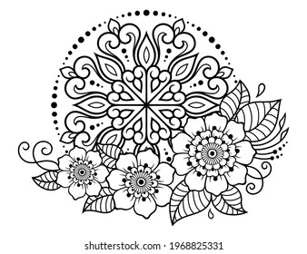 Circular pattern in form of mandala with flower for Henna, Mehndi, tattoo, decoration. Decorative ornament in ethnic oriental style. Outline doodle hand draw vector illustration.