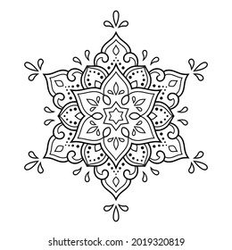 Circular pattern in form of mandala with flower for Henna, Mehndi, tattoo, decoration. Decorative ornament in ethnic oriental style. Outline doodle hand draw vector illustration.