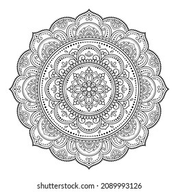 Circular pattern in form of mandala with flower for Henna, Mehndi, tattoo, decoration. Decorative ornament in ethnic oriental style. Outline doodle hand draw vector illustration.