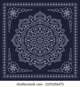 Circular pattern in form of mandala with flower for Henna, Mehndi, decoration. Blue decorative ornament in ethnic oriental style for a bandana. Outline doodle hand draw vector illustration.