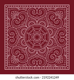Circular pattern in form of mandala with flower for Henna, Mehndi, decoration. Red decorative ornament in ethnic oriental style for a bandana. Outline doodle hand draw vector illustration.