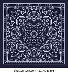 Circular pattern in form of mandala with flower for Henna, Mehndi, decoration. Blue decorative ornament in ethnic oriental style for a bandana. Outline doodle hand draw vector illustration.