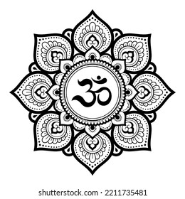 Circular pattern in form of mandala for with flower Henna, Mehndi, tattoo, decoration. Decorative ornament in oriental style with ancient Hindu mantra OM. Outline doodle vector illustration.
