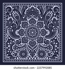 Circular pattern in form of mandala with flower for Henna, Mehndi, decoration. Blue decorative ornament in ethnic oriental style for a bandana. Outline doodle hand draw vector illustration.