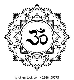 Circular pattern in form of mandala for with flower Henna, Mehndi, tattoo, decoration. Decorative ornament in oriental style with ancient Hindu mantra OM. Outline doodle vector illustration.