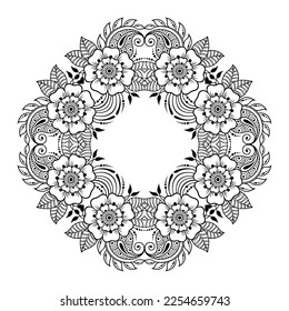 Circular pattern in form of mandala with flower for Henna, Mehndi, tattoo, decoration. Decorative ornament in ethnic oriental style. Outline doodle hand draw vector illustration.