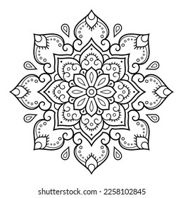 Circular pattern in form of mandala with flower for Henna, Mehndi, tattoo, decoration. Decorative ornament in ethnic oriental style. Outline doodle hand draw vector illustration.